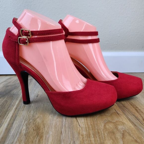 🩵NIB Red Faux Suede Leather Double Ankle Strap Platform Heels Size 7.5 - Picture 3 of 14